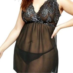 Cacique Metallic Silver Floral Babydoll Back Lace Nightgown sz26/28 Lane Bryant